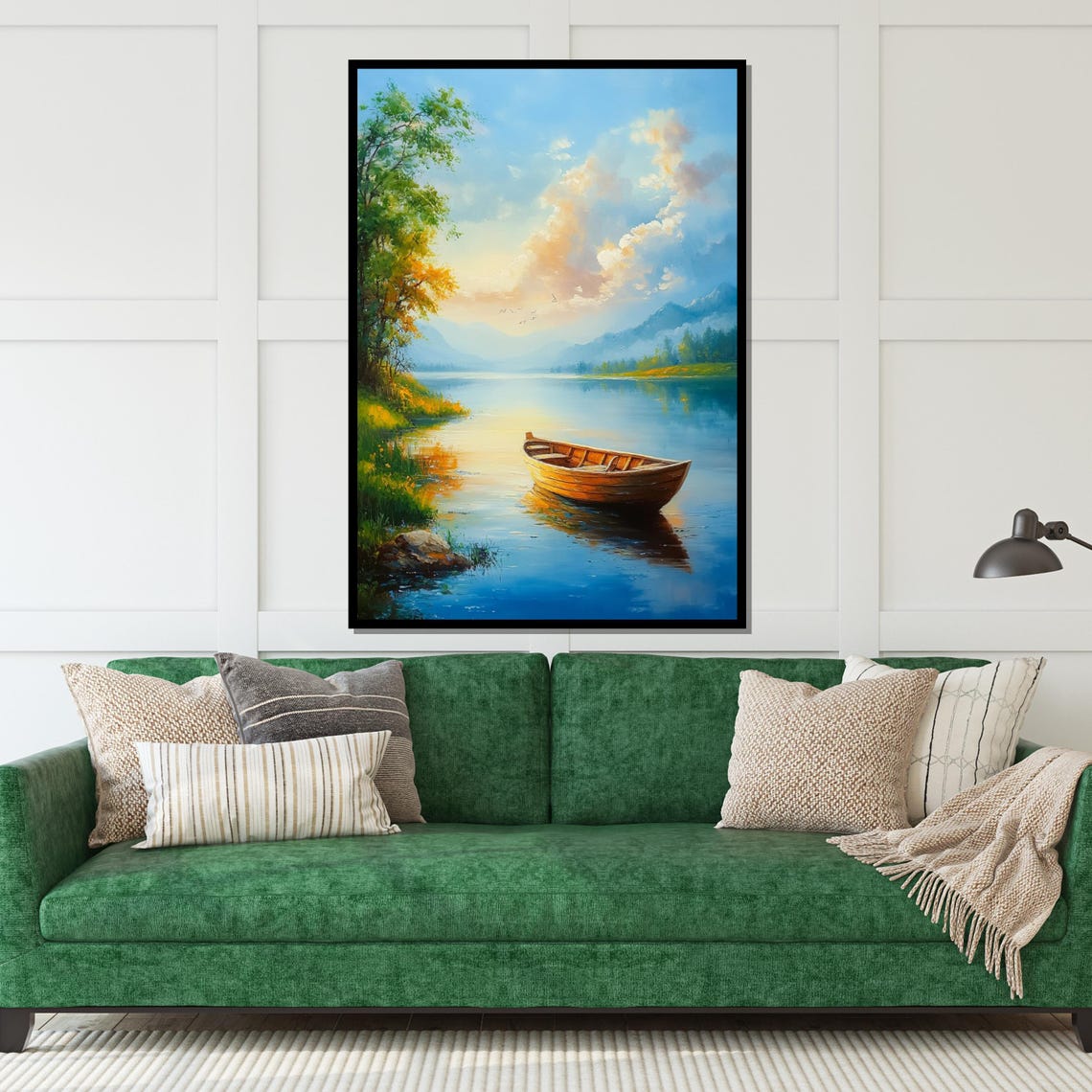 Golden Wooden Rowboat on Calm Blue Lake Sunrise Reflections Poster - Image 5
