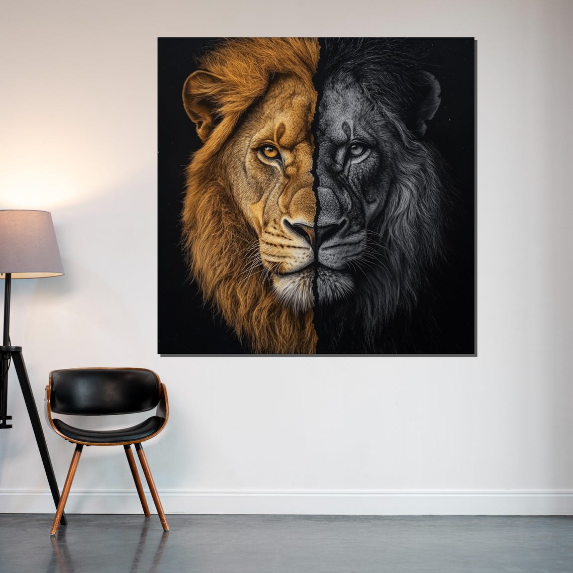 Split Lion Face Gold Black Dual Tone Bold Big Cat Art Poster - Image 2