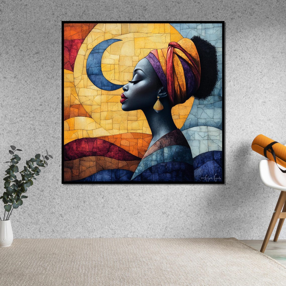 Moonlit Mosaic Woman Headwrap Crescent Moon Ethnic Art Poster - Image 5