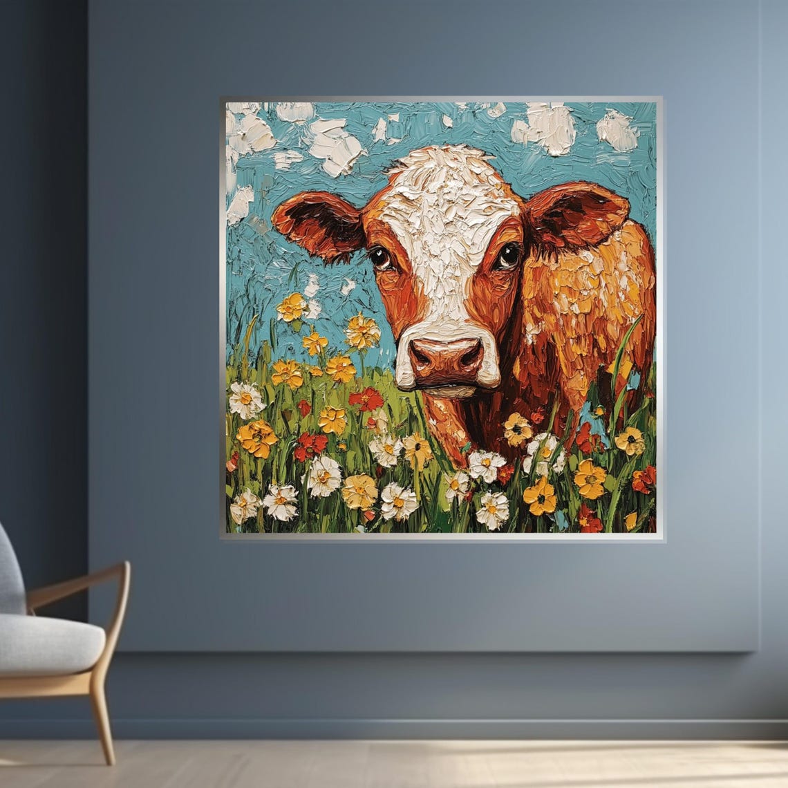 Brown Cow Close Up Wildflower Meadow Textured Impasto Art Poster - Image 4