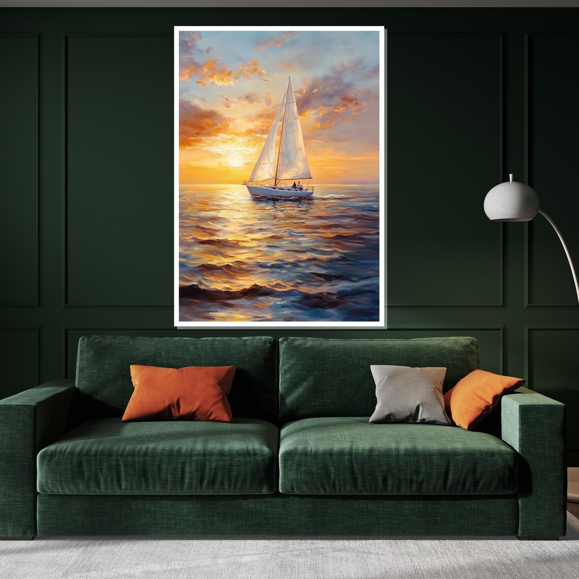 Golden Sunset Sailboat Ocean Oil Painting Seascape Art Poster - Image 3