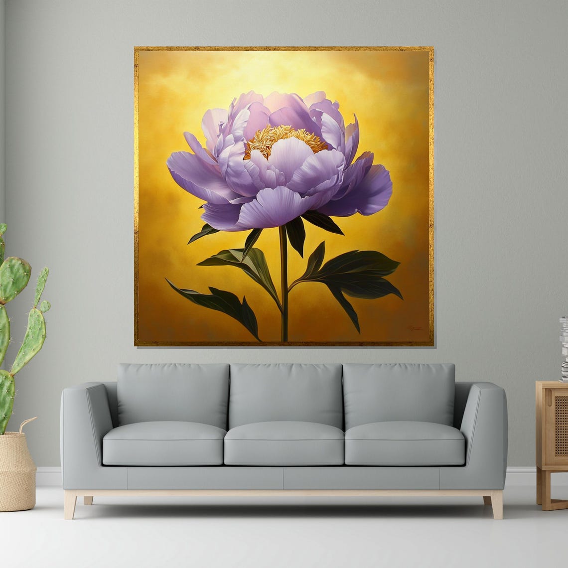 Purple Peony Golden Yellow Background Botanical Bloom Art Poster