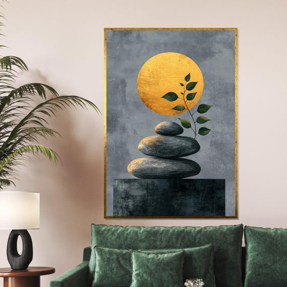 Zen Stones Golden Sun Art Minimalist Wall Decor Stone Balance Print Nature Design Ready To Hang Decoration