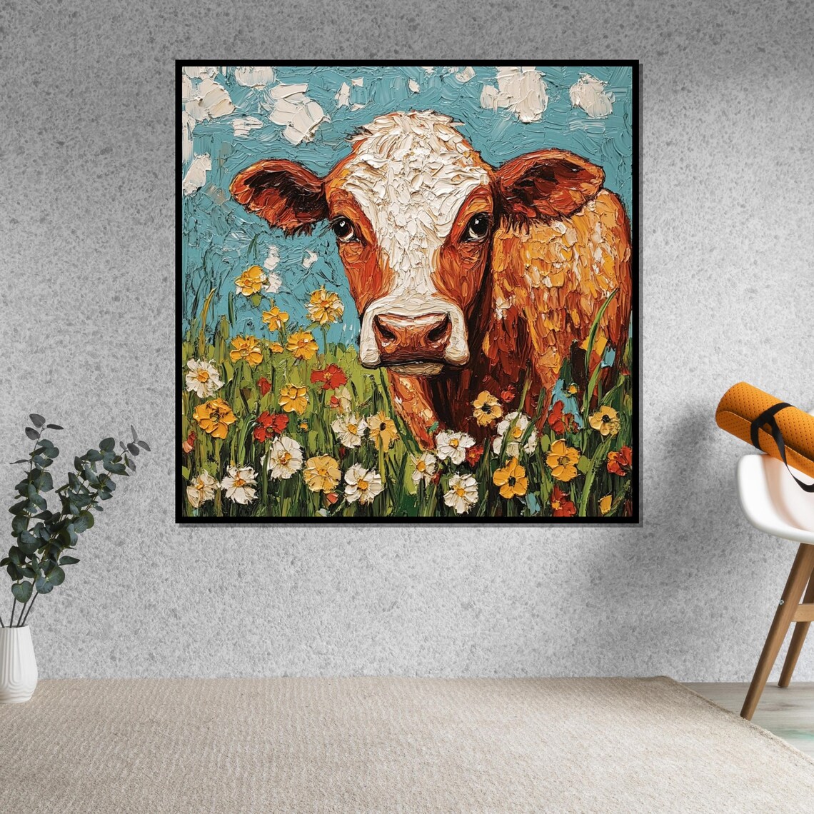 Brown Cow Close Up Wildflower Meadow Textured Impasto Art Poster - Image 5