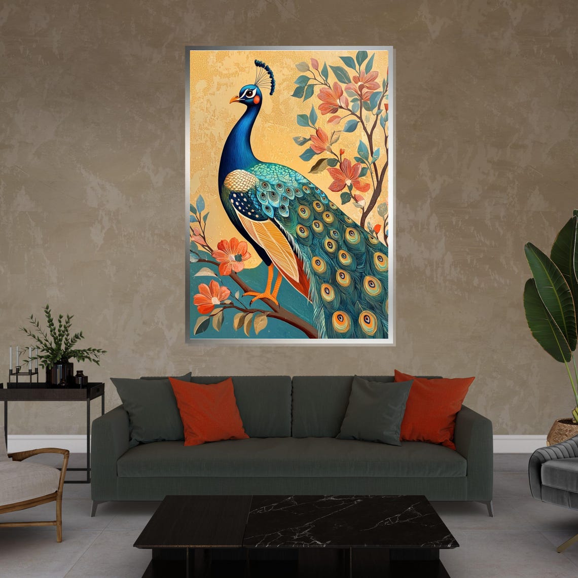 Peacock Golden Background Orange Blossoms Elegant Bird Art Poster - Image 4