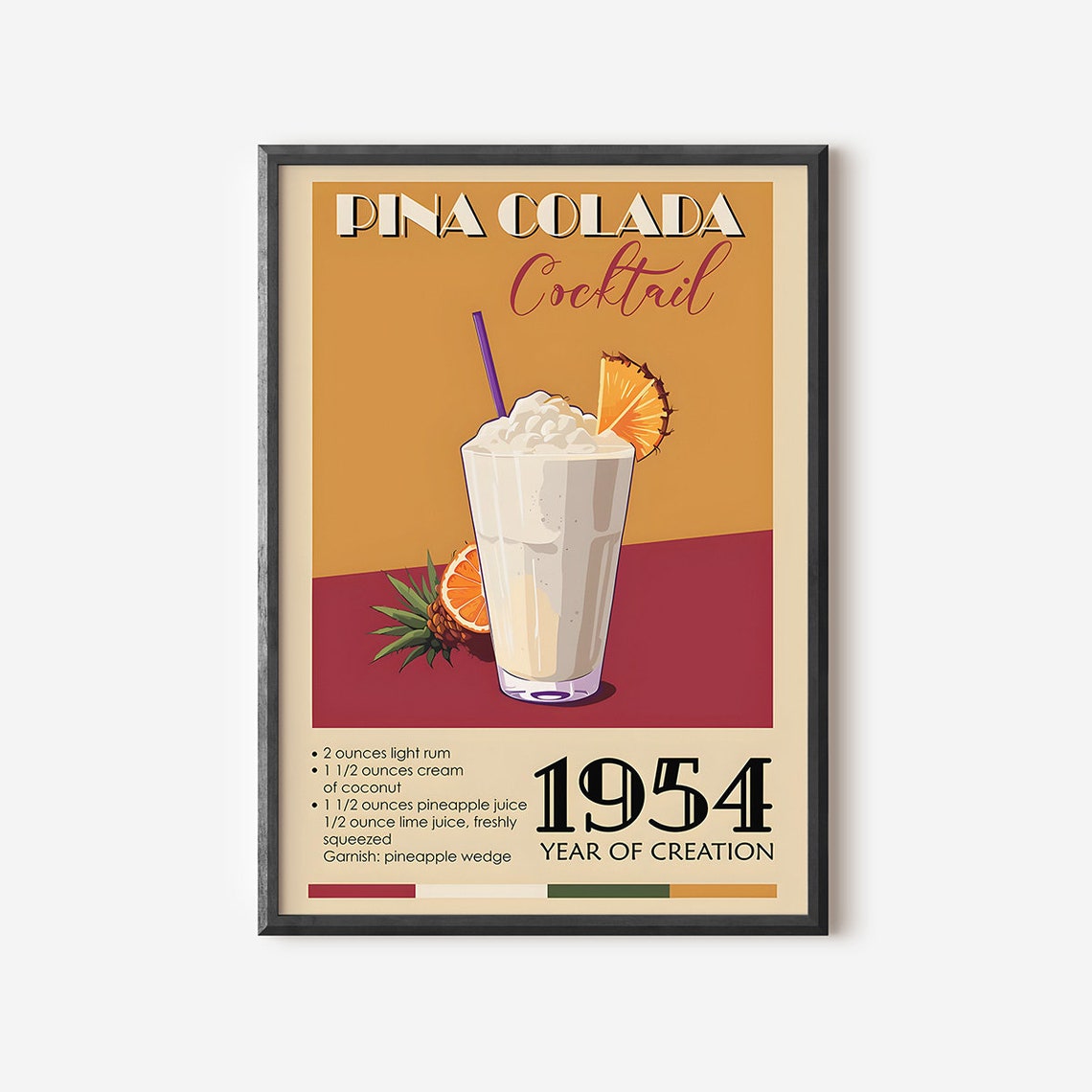 Pina Colada Cocktail Vintage Recipe Poster Tropical Drink Art