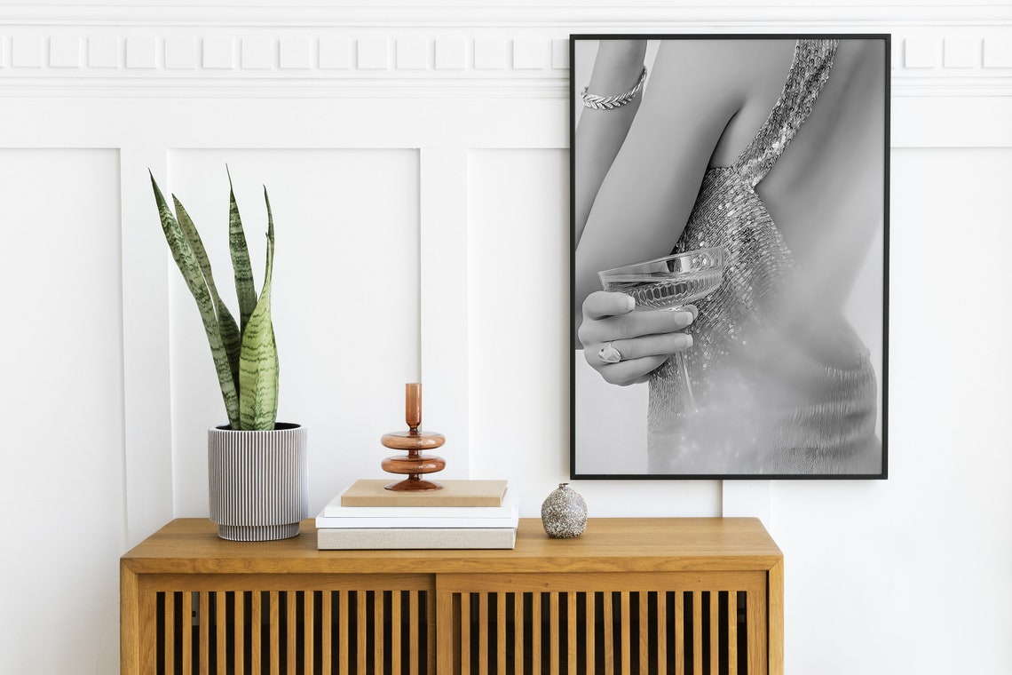Champagne Coupe Sparkling Sequin Dress Black White Luxury Bar Poster - Image 2