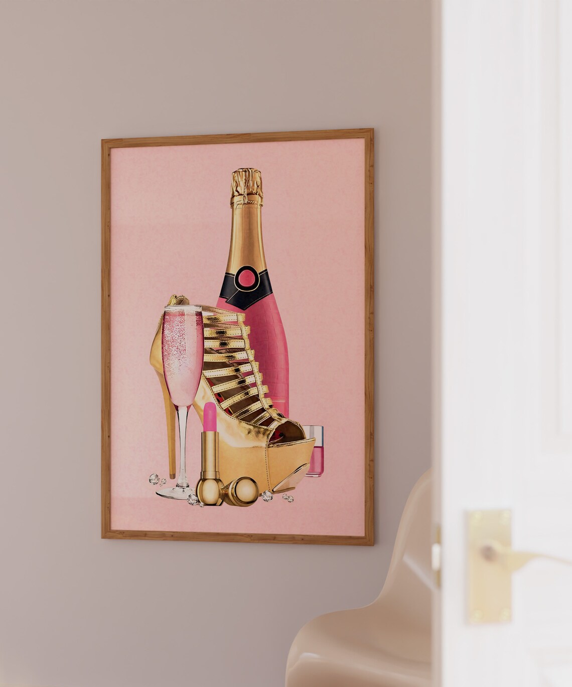 Pink Champagne Bottle Gold High Heel Glam Fashion Girl Poster