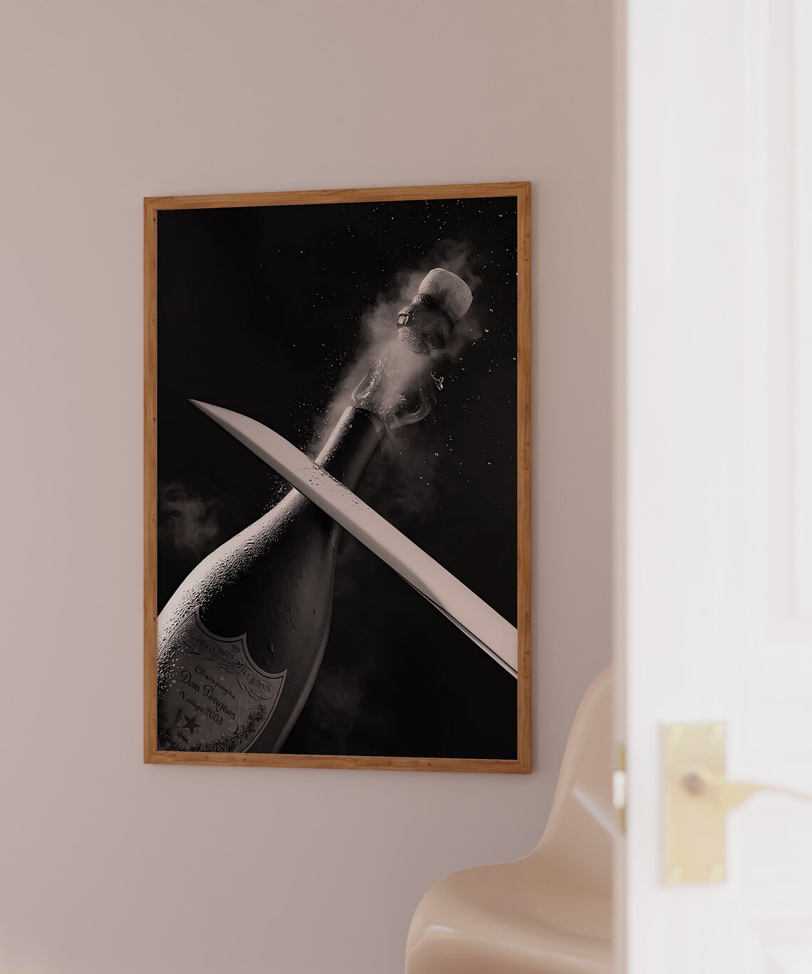 Champagne Sabre Bottle Cork Popping Black White Action Photo Poster