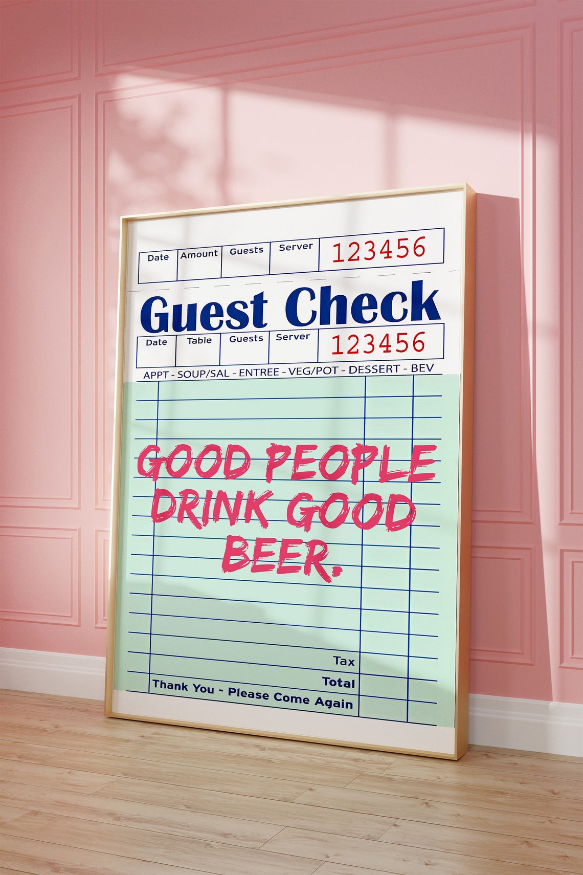 Pink Guest Check Poster Beers Funny Saying Print Bar Cart Wall Art Funky Trendy Kitchen Alcohol Wall Art