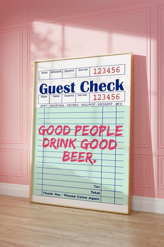 Pink Guest Check Poster Beers Funny Saying Print Bar Cart Wall Art Funky Trendy Kitchen Alcohol Wall Art