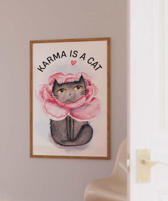 Karma Is A Cat Black Cat Pink Rose Collar Watercolor Pet Poster
