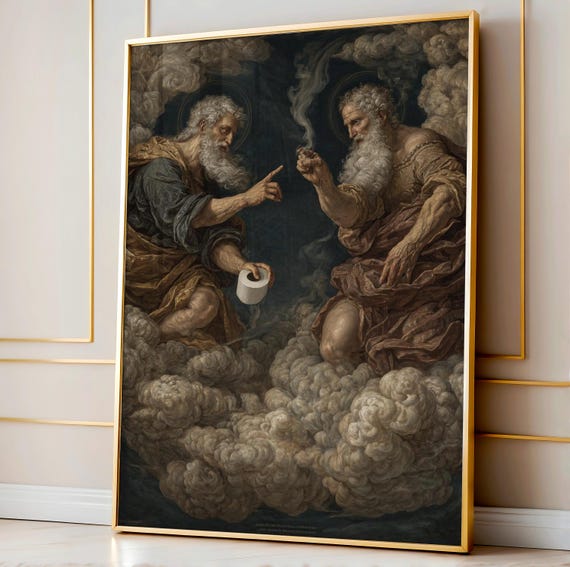 Greek Gods Toilet Paper Art Funny Creation Of Adam Parody Bathroom Wall Print Altered Renaissance Quirky Classical Decor