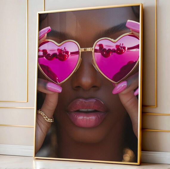 Black Girl Sunglasses Wall Art Retro Glam Pink Print Heart Shades Poster Urban Woman Decor Glossy Nails