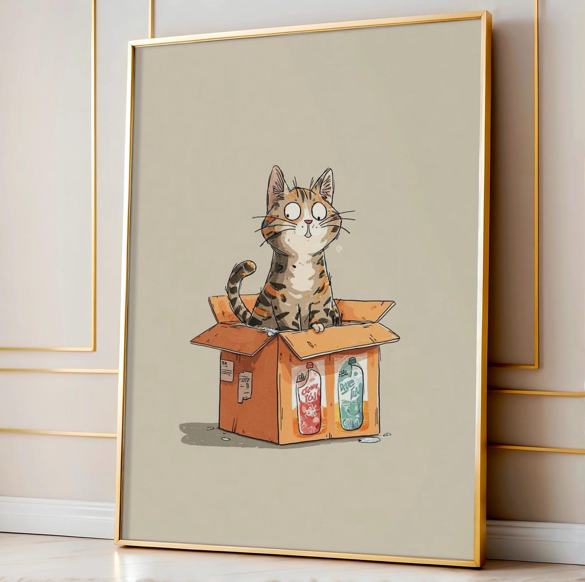 Funny Cat In Detergent Box Wall Art Whimsical Kitten Decor For Laundry Room Tabby Illustration Pet