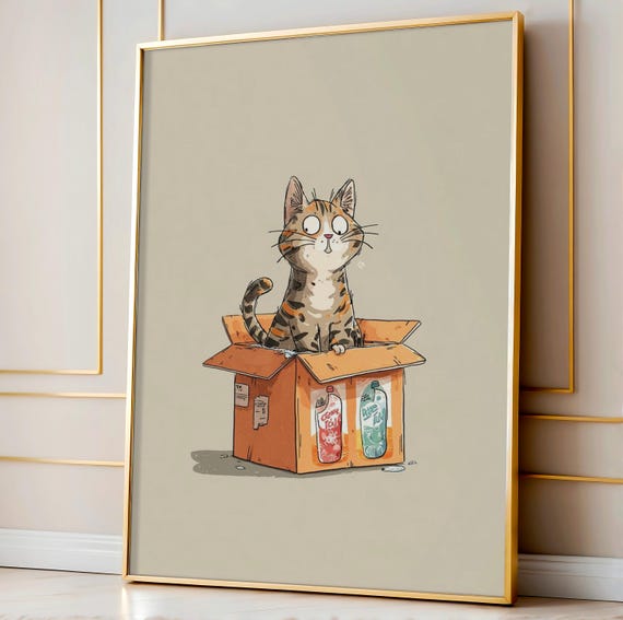 Funny Cat In Detergent Box Wall Art Whimsical Kitten Decor For Laundry Room Tabby Illustration Pet