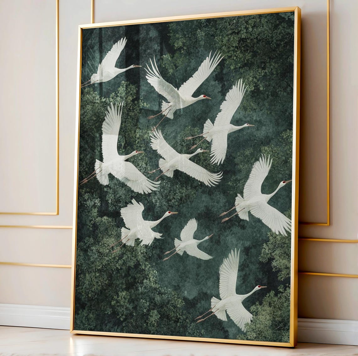 Flying White Cranes Japandi Forest Green Bird Art Poster Wall Decor