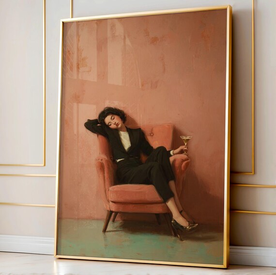 Black Suit Woman Martini Lounge Midcentury Style Painting Poster