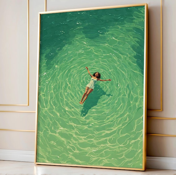 Woman Floating in Emerald Green Sea Serene Ocean Swimming Poster Art