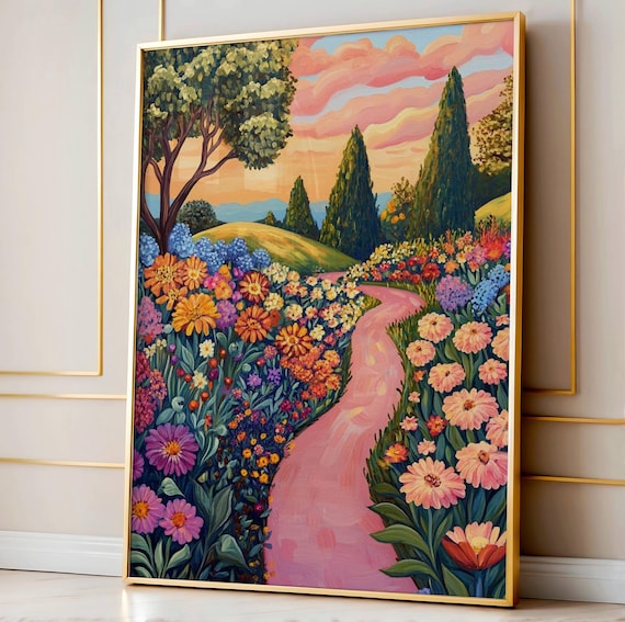 Sunset Garden Path Art Colorful Floral Landscape Whimsical Summer Flowers And Pastel Sky Wall Illustration