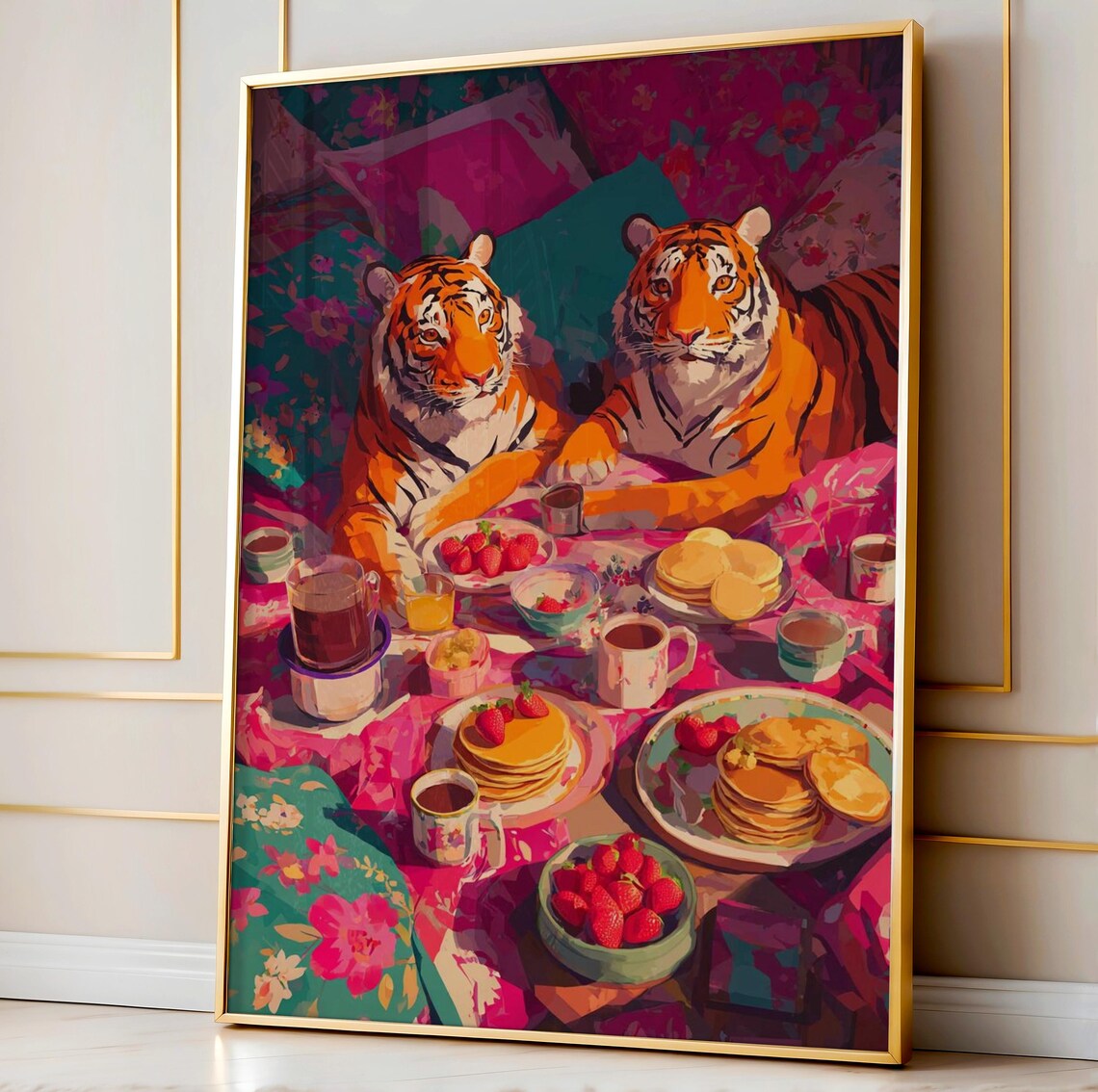 Tiger Breakfast Art Print, Maximalist Animal Couple