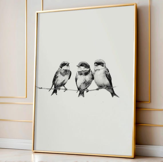 Three Birds In Circle, Minimalist Vintage Art Print