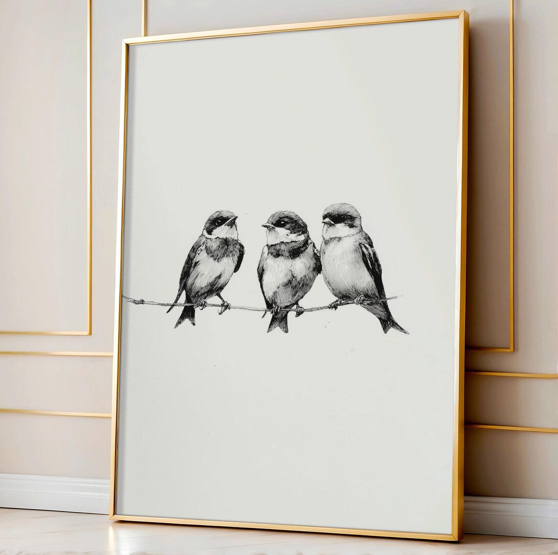 Three Birds In Circle, Minimalist Vintage Art Print