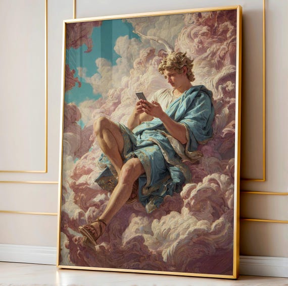 Greek God Smartphone Art Funny Renaissance Wall Print Altered Classical Painting Quirky Myth Decor Humor For Tech Lovers