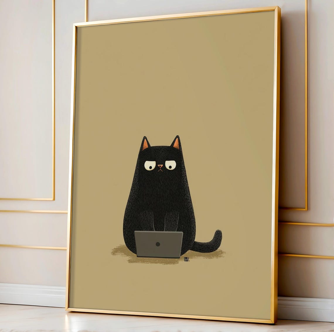 Black Cat With Laptop Funny Remote Work Whimsical Office Art Poster