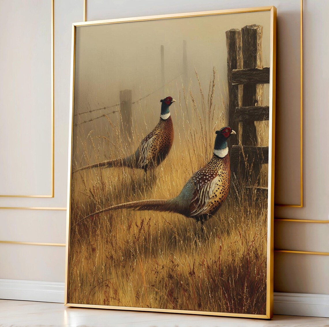 Two Pheasants by a Weathered Fence in a Misty Golden Field Poster