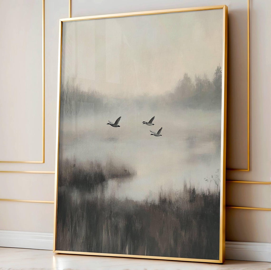 Flying Ducks Over a Misty Marshland Vintage Waterfowl Painting Poster
