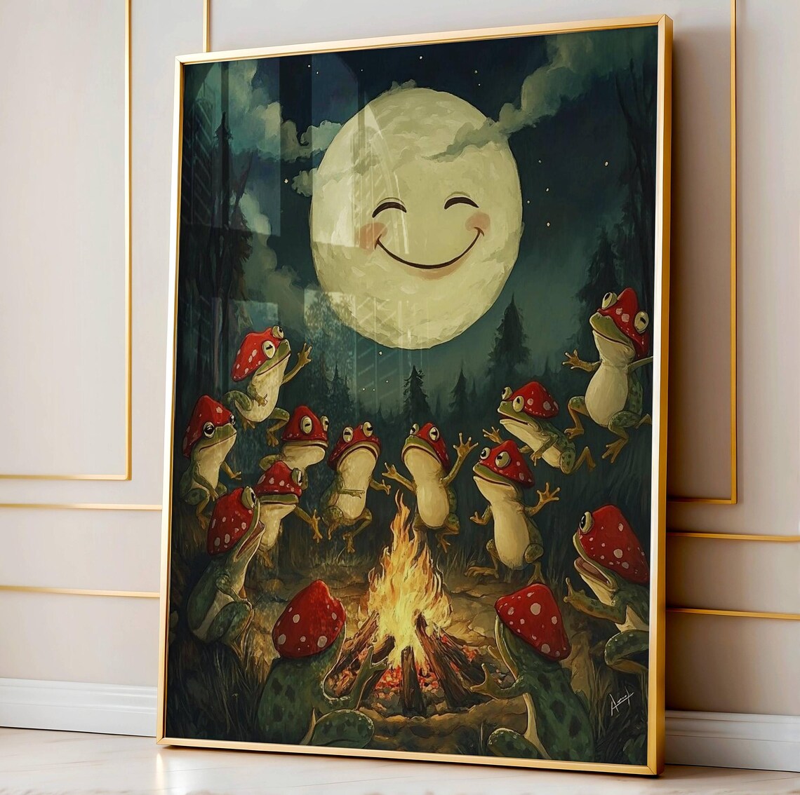 Dancing Frogs Under Full Moon Vintage Poster