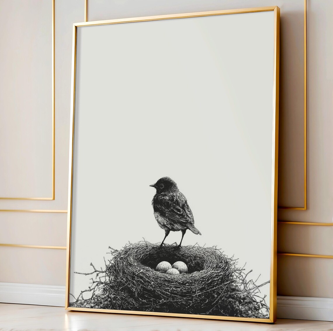 Bird Watching Over Nest Sketch, Vintage Art Print