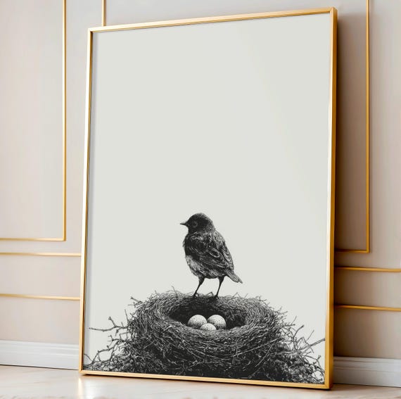 Bird Watching Over Nest Sketch, Vintage Art Print