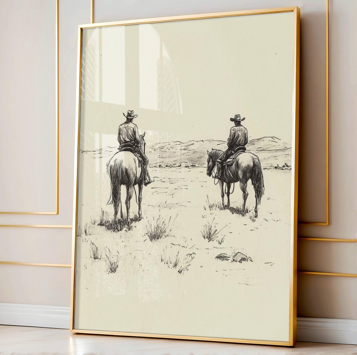 Cowboys On Horses Sketch Print, Vintage Western Decor