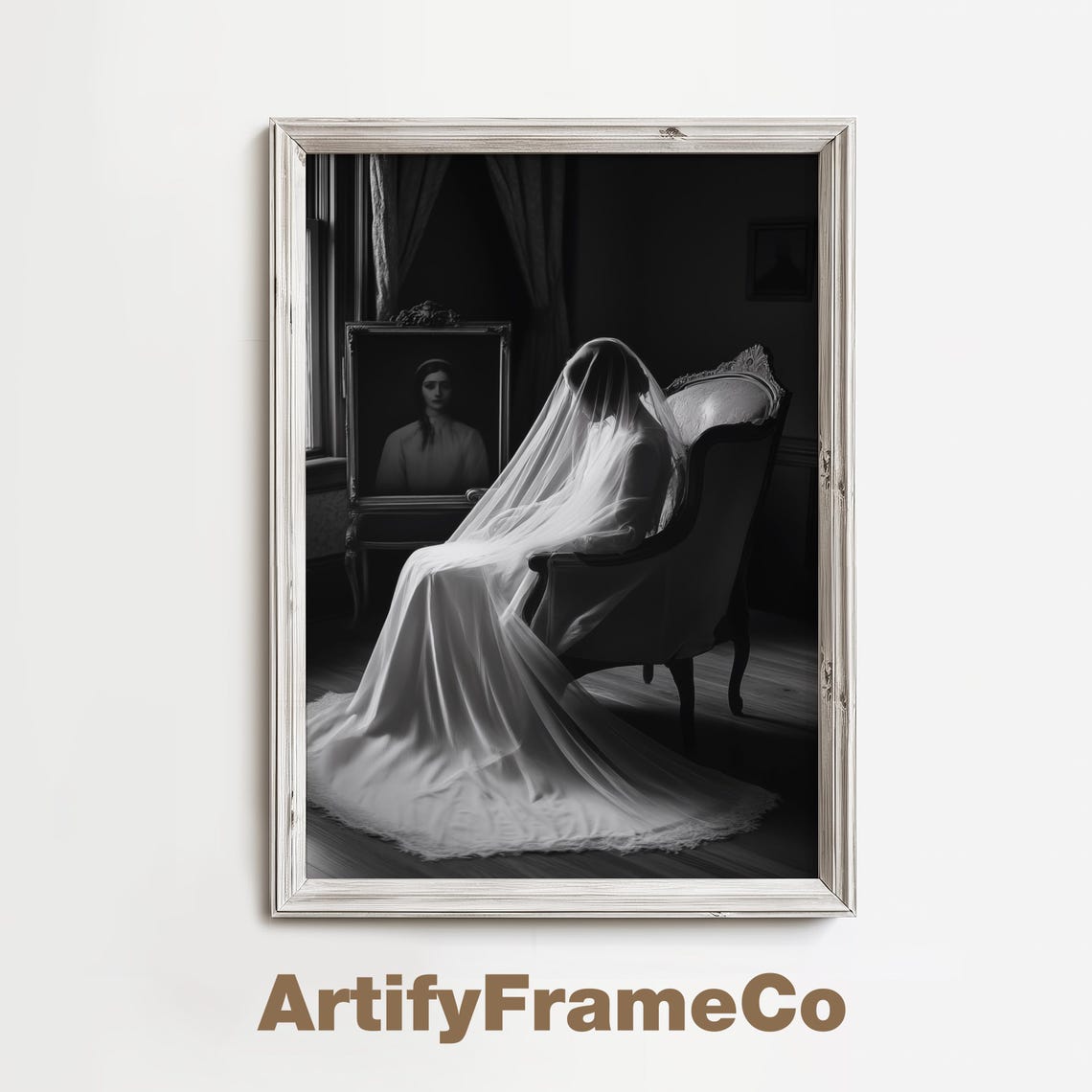 Ghostly Bride In Veil Seated In Gothic Victorian Room Poster