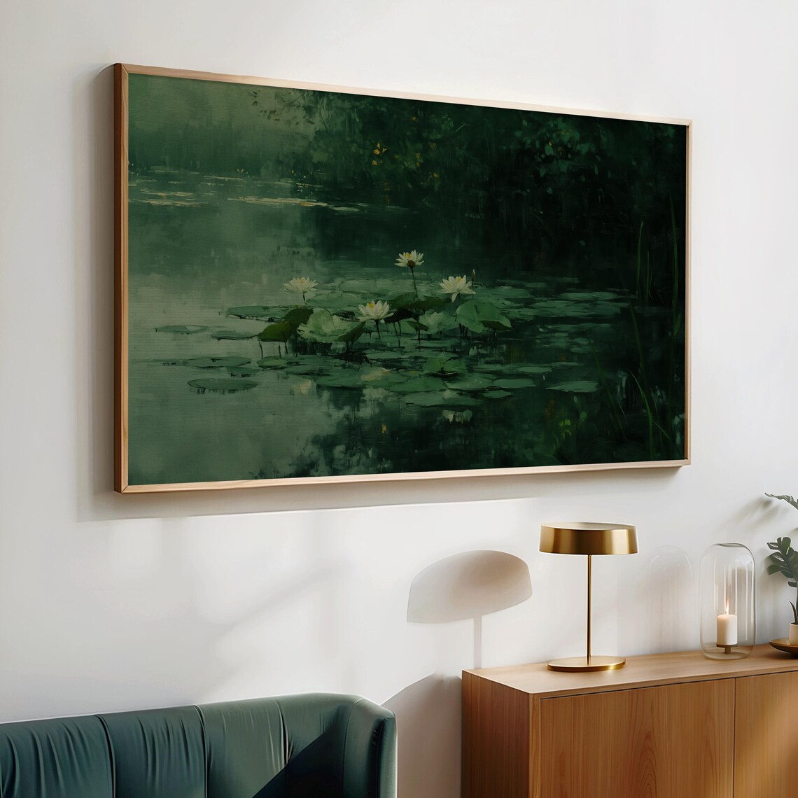 White Water Lilies On Dark Green Pond Moody Botanical Oil Painting Print - Image 2