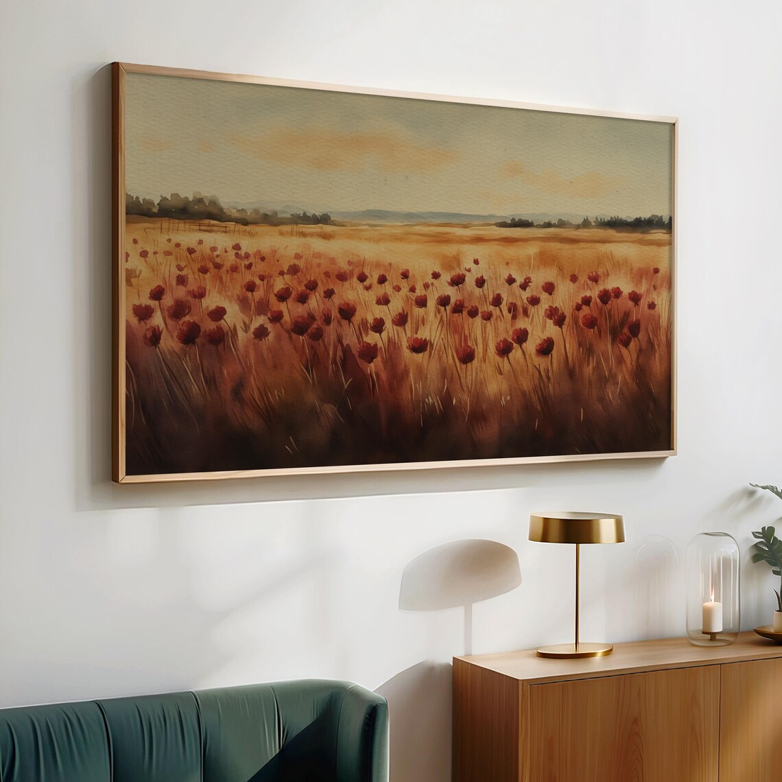 Crimson Poppy Field Watercolor Golden Meadow Frame TV Art Poster - Image 3