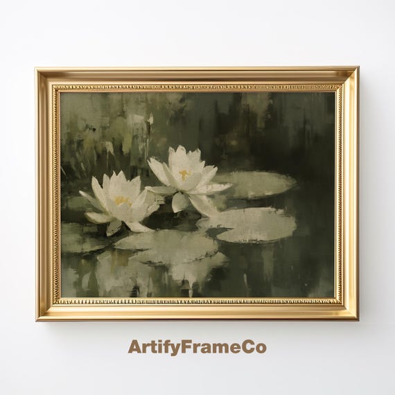 Vintage Water Lily Oil Painting Dark Green Pond Wall Art Dark Academia Cottagecore Impressionist Art Wh0020