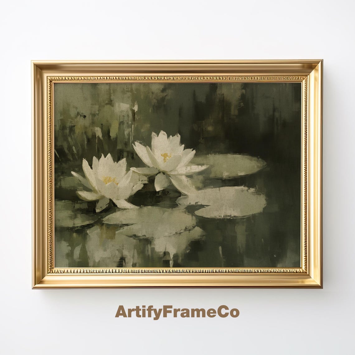 White Water Lilies Dark Green Pond Moody Impressionist Vintage Poster