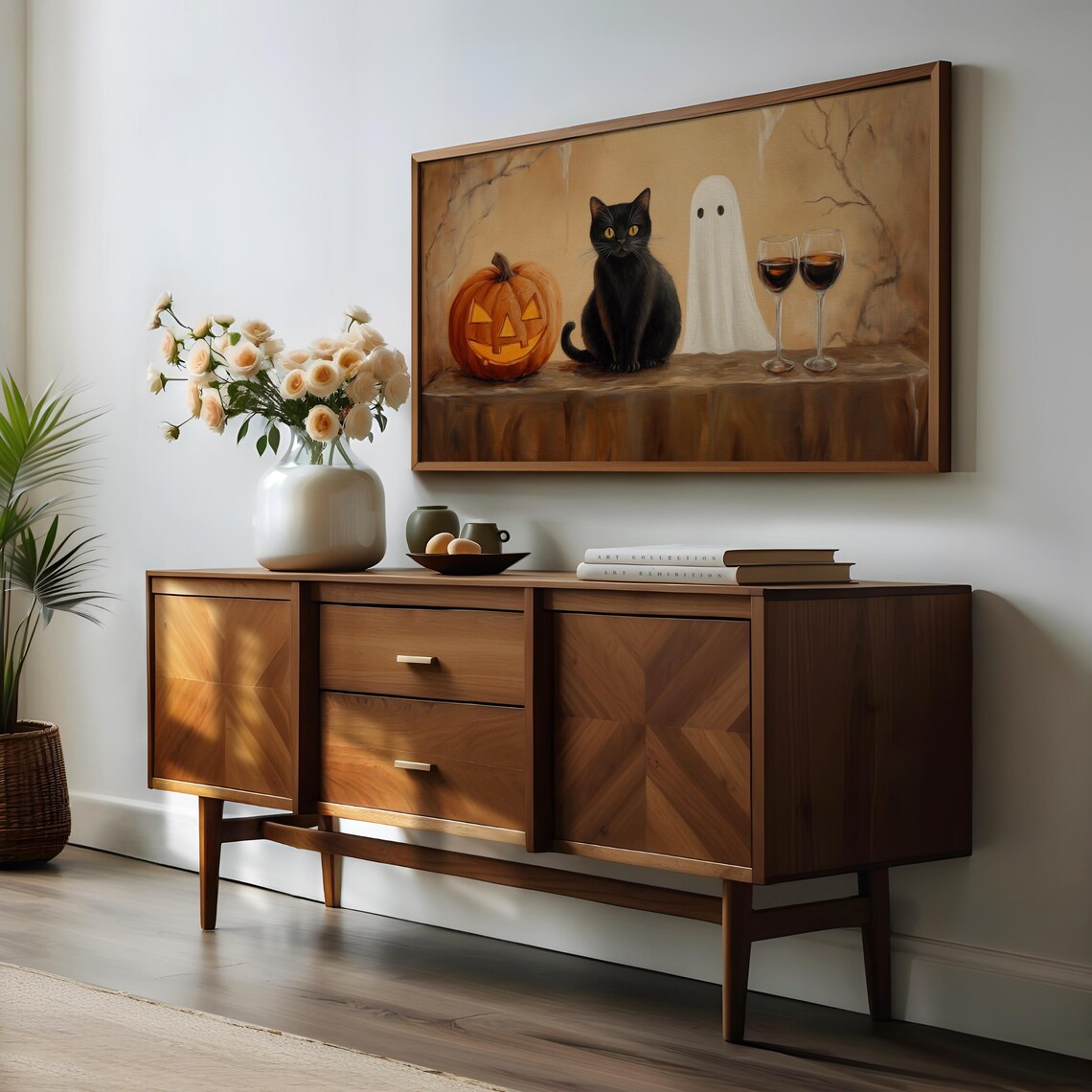 Black Cat Ghost Jack O Lantern and Wine Playful Halloween Still Life Wall Art - Image 3