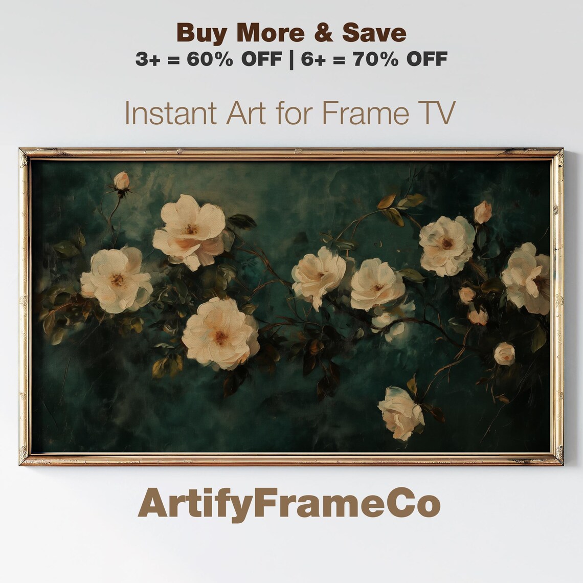 Cream Wild Roses Dark Green Vintage Botanical Frame TV Art Poster