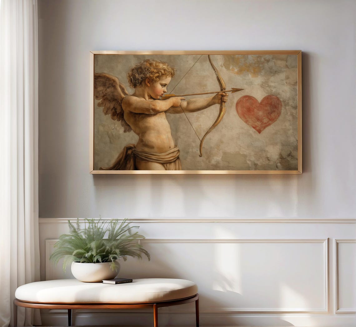 Cupid Aiming Bow at Red Heart Classical Antique Oil Painting Poster - Image 3