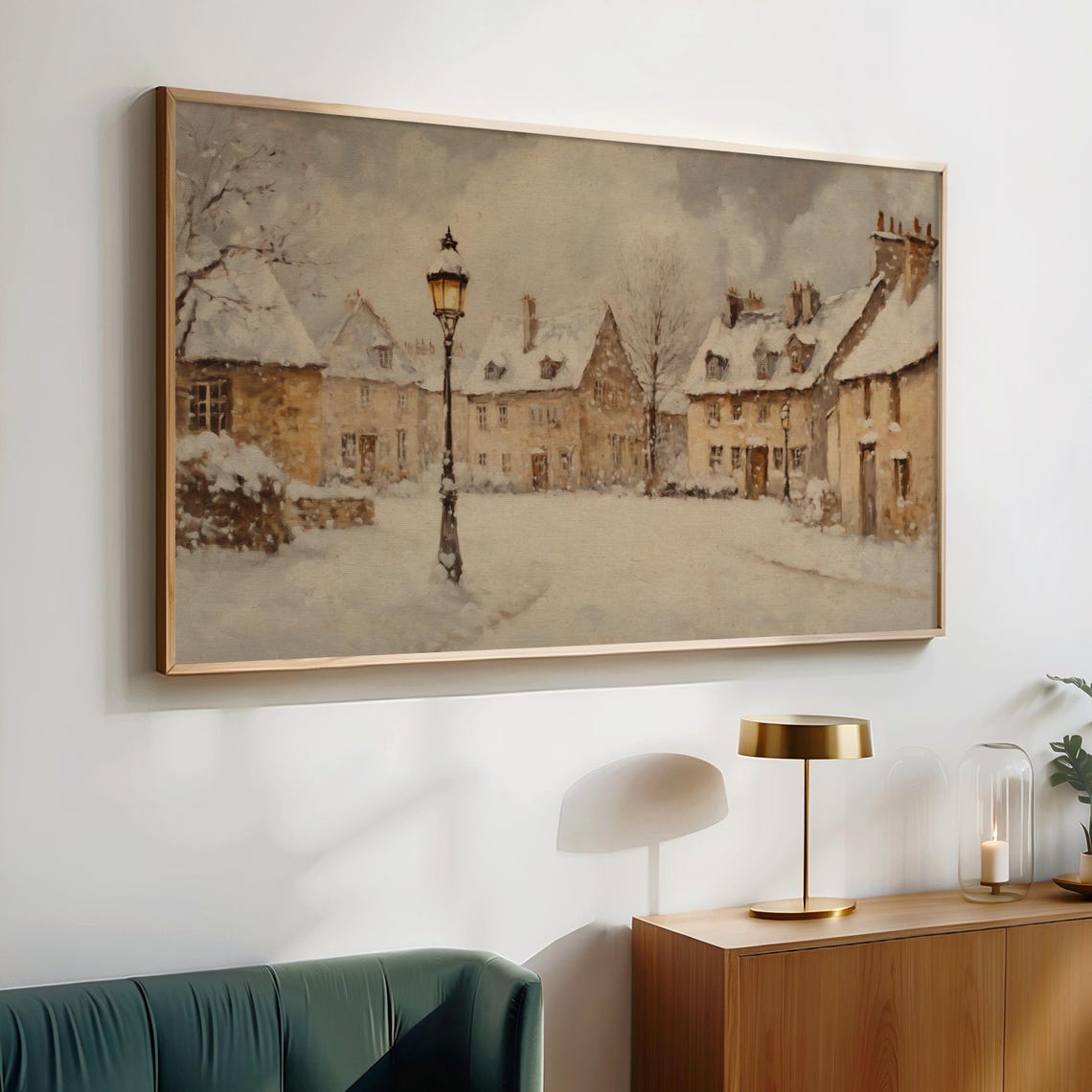 Snowy Village Street Lamppost Cottages Winter Frame TV Art Poster - Image 4