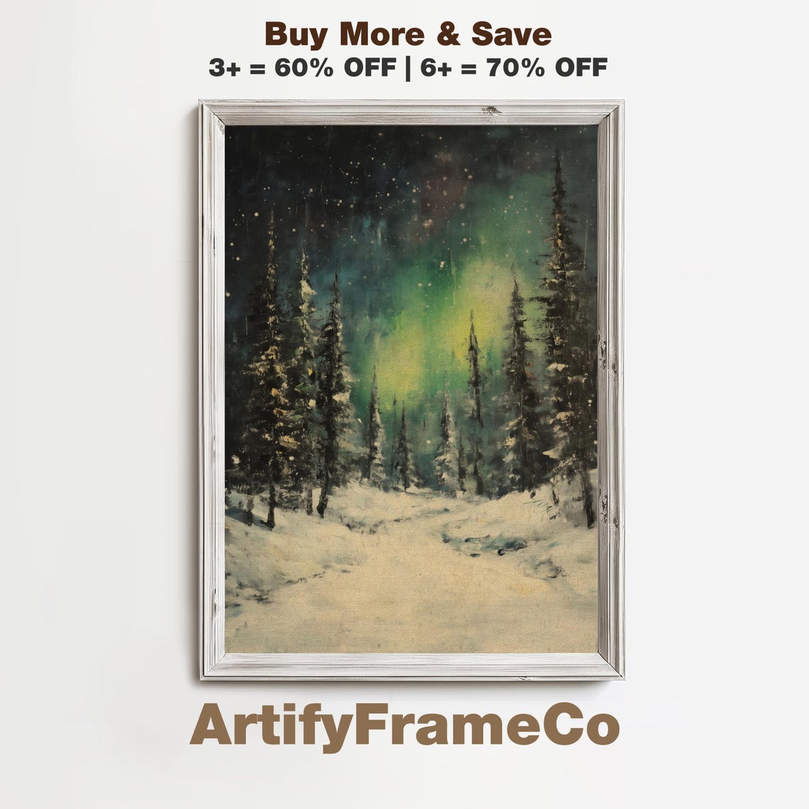 Northern Lights Over Snowy Pines Starry Night Winter Aurora Poster