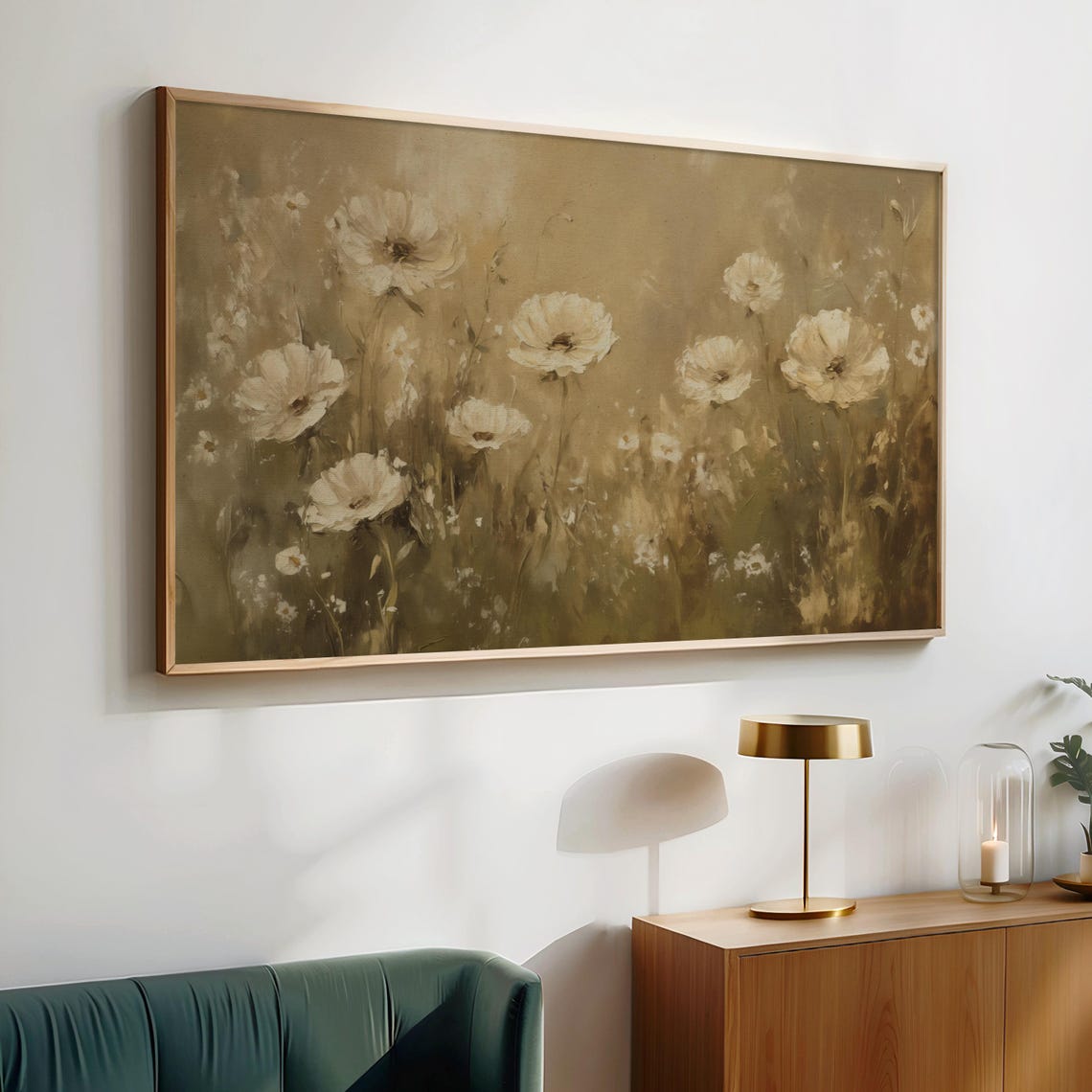 Cream Poppies In Golden Sepia Haze Soft Wildflower Meadow Art Print - Image 2