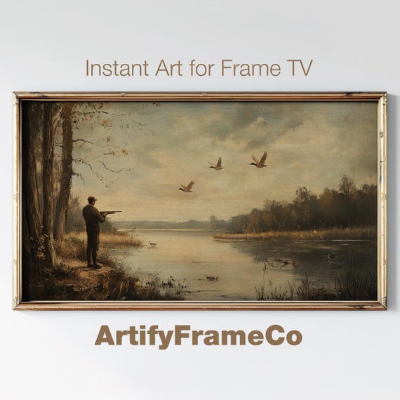 Vintage Hunting Scene Art Print, Flying Ducks