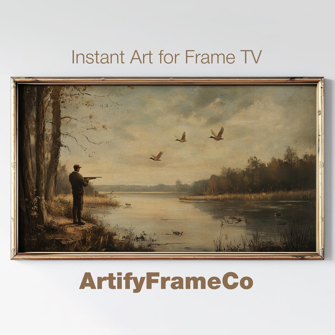 Vintage Hunting Scene Art Print, Flying Ducks