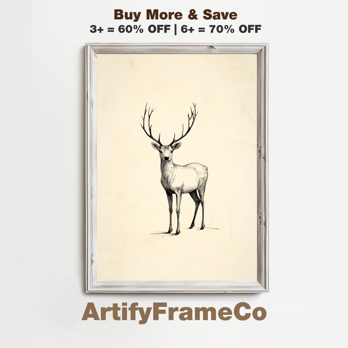 Minimalist Reindeer Line Sketch Vintage Winter Wildlife Poster