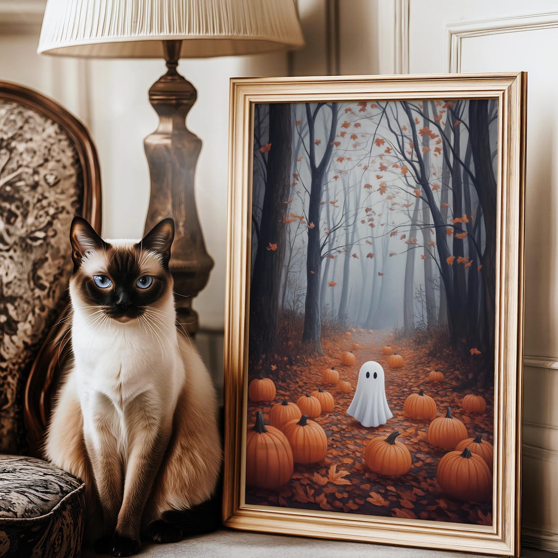 Cute Ghost With Pumpkins In Woods Art Spooky Halloween Decor Vintage Ghost Painting Dark Academia Home Decor - Image 3